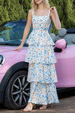 Blue Floral A Line Tiered Party Dress