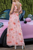 Pink Floral Ruffled A Line Party Dress