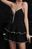 Black Tiered Spaghetti Straps A Line Striped Cocktail Dress