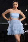 Glitter Blue Strapless Corset Tiered A Line Cocktail Dress