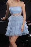 Glitter Blue Strapless Corset Tiered A Line Cocktail Dress