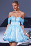 Off The Shoulder Blue A Line Cocktail Dress