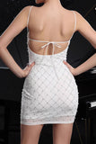 White Spaghetti Straps Bodycon Cocktail Dress with Pearls