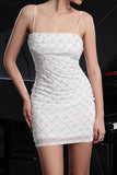 White Spaghetti Straps Bodycon Cocktail Dress with Pearls