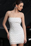 White Spaghetti Straps Bodycon Cocktail Dress with Pearls