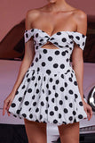 Off The Shoulder White Black Dots A Line Cocktail Dress