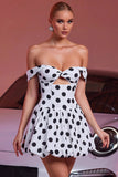 Off The Shoulder White Black Dots A Line Cocktail Dress
