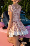 Floral Blush A Line Corset Graduation Dress with Short Sleeves