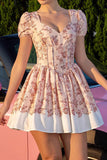 Floral Blush A Line Corset Graduation Dress with Short Sleeves