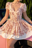 Floral Blush A Line Corset Graduation Dress with Short Sleeves