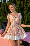 Floral Blush A Line Corset Graduation Dress with Short Sleeves