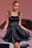Black Satin A Line Spaghetti Straps Cocktail Dress With Bows