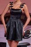 Black Satin A Line Spaghetti Straps Cocktail Dress With Bows