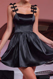 Black Satin A Line Spaghetti Straps Cocktail Dress With Bows