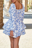 White Blue Floral Long Sleeve Corset Tiered Graduation Dress