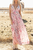 Pink Floral V-Neck A Line Summer Dress