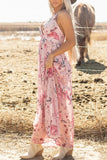 Pink Floral V-Neck A Line Summer Dress
