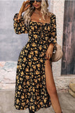 Black Yellow Floral A Line Summer Dress with Long Sleeves