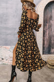Black Yellow Floral A Line Summer Dress with Long Sleeves