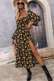 Black Yellow Floral A Line Summer Dress with Long Sleeves