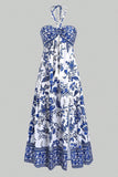White Blue Floral Halter A Line Summer Dress