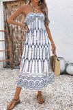 White Blue Floral Halter A Line Summer Dress