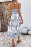 White Blue Floral Halter A Line Summer Dress
