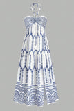 White Blue Floral Halter A Line Summer Dress