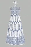 White Blue Floral Halter A Line Summer Dress
