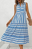 White and Blue Printed A Line Midi Summer Dress
