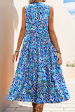 Blue Printed Sleeveless A Line Summer Dress