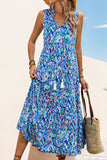 Blue Printed Sleeveless A Line Summer Dress