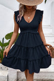 Black V-Neck Black Short Summer Dress