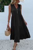 Black A Line V-Neck Summer Dress with Buttons
