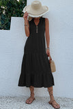 Black A Line V-Neck Summer Dress with Buttons