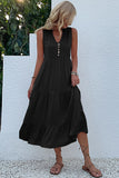 Black A Line V-Neck Summer Dress with Buttons