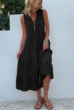 Black A Line V-Neck Summer Dress with Buttons
