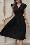 Black V-Neck A Line Pleated Summer Dress