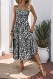 Black Floral A Line Tea Length Summer Dress