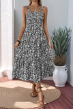 Black Floral A Line Tea Length Summer Dress