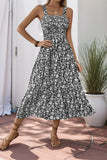 Black Floral A Line Tea Length Summer Dress