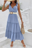 Grey Blue V-Neck A Line Summer Dress with Belt