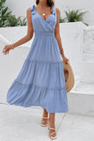 Grey Blue V-Neck A Line Summer Dress with Belt