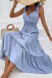 Grey Blue V-Neck A Line Summer Dress with Belt