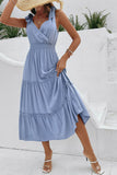 Grey Blue V-Neck A Line Summer Dress with Belt