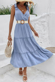 Grey Blue V-Neck A Line Summer Dress with Belt