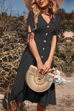 Black V-Neck A Line Summer Dress with Buttons
