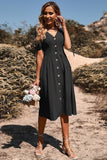 Black V-Neck A Line Summer Dress with Buttons