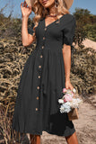 Black V-Neck A Line Summer Dress with Buttons