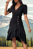 Black V-Neck A Line Ruffled Midi Summer Dress